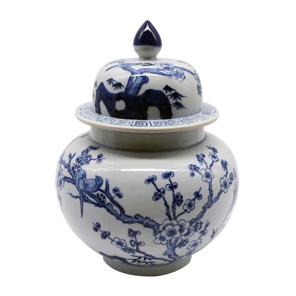 Blue & White Ginger Jar, Featuring A Flower Bird