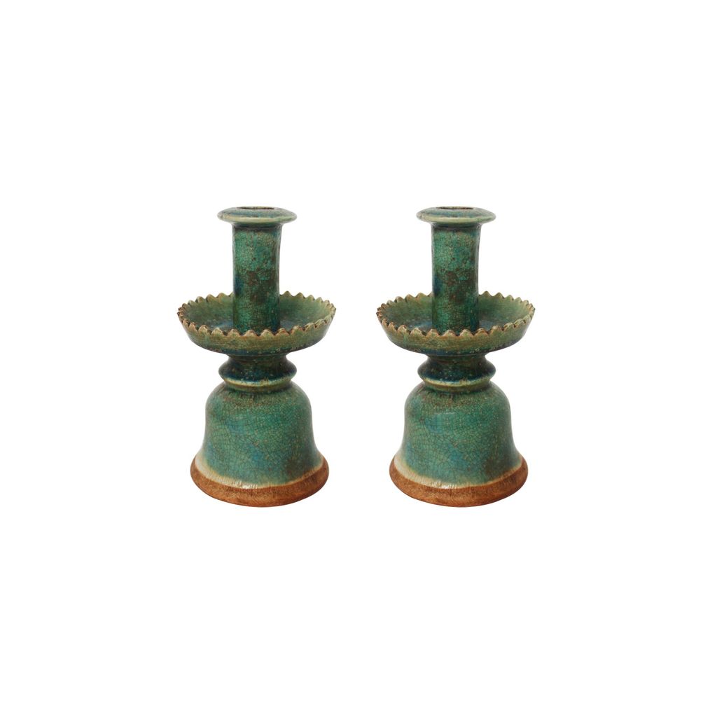 Pair Of Speckled Green Candle Holders
