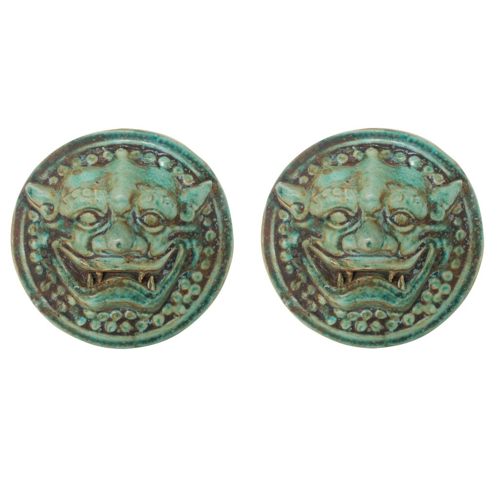 Pair Of Speckled Green Lion Head Wall Sculptures