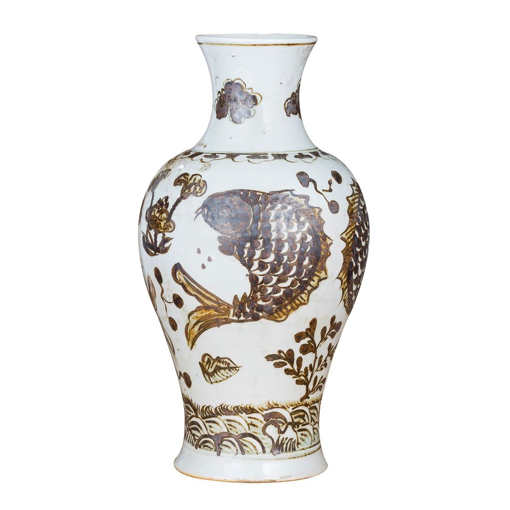 Rusty Brown Fairy Vase Fish Lotus Motif Medium