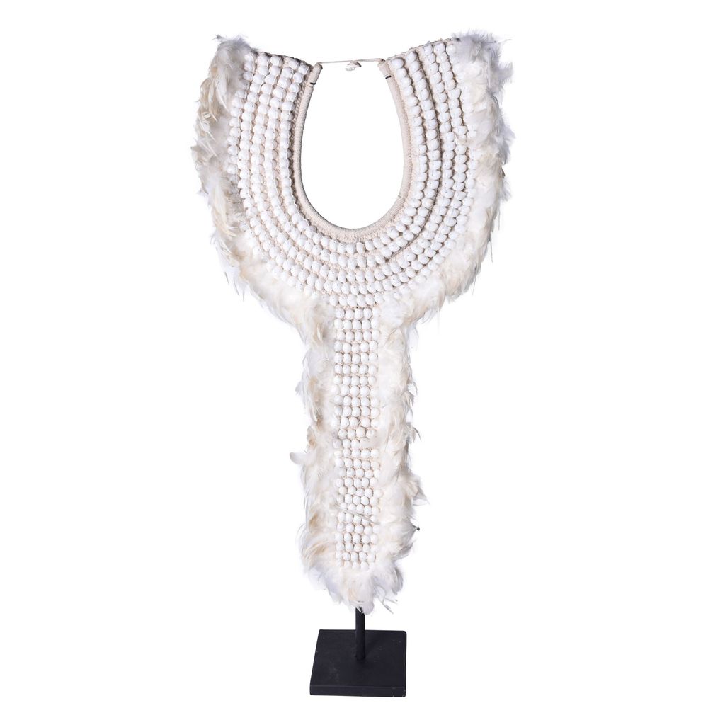 Preview image for Tall Tribal Shell & White Feather Necklace On Iron Stand