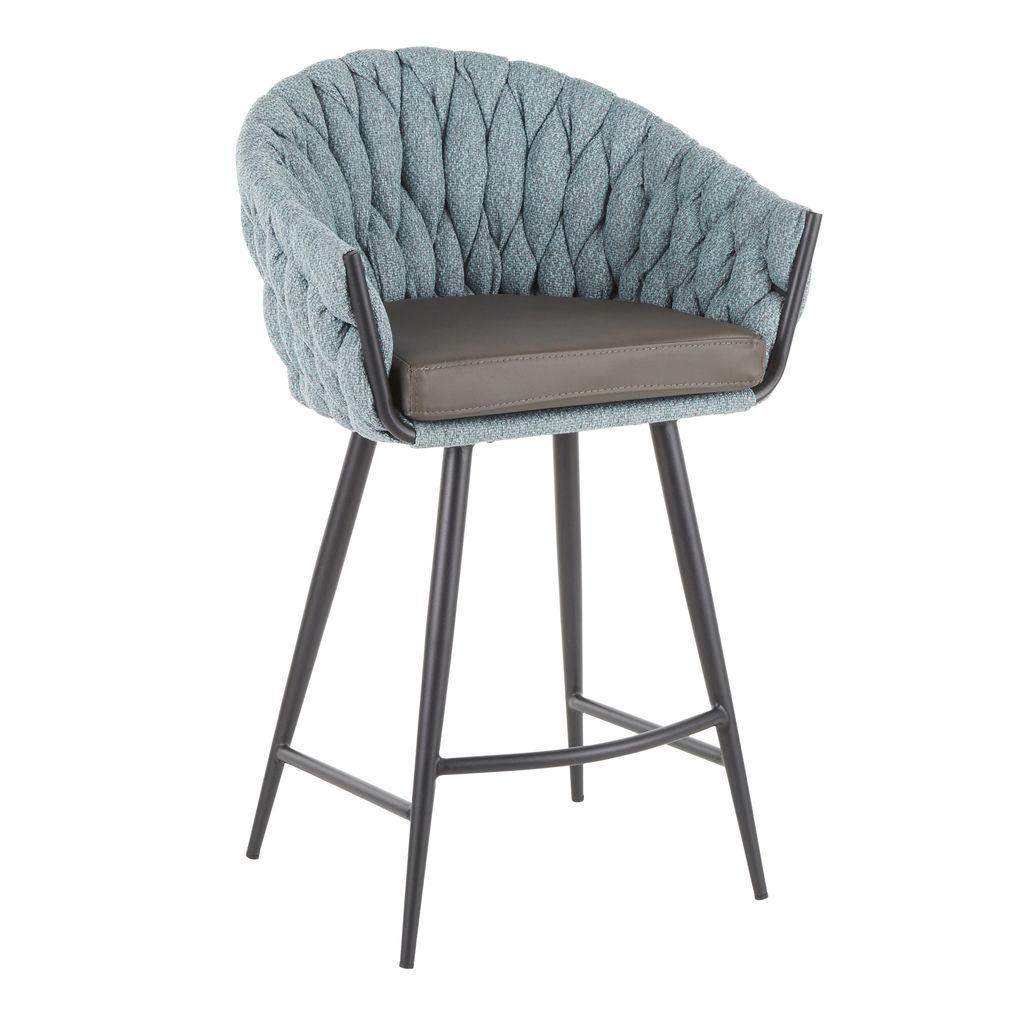 Braided Matisse Counter Stool, Black Metal With Grey Faux Leather And Blue Fabric