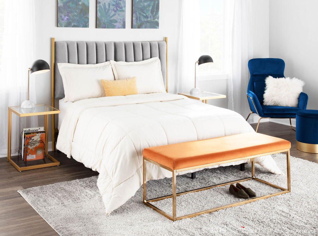 Chloe Headboard, Gold Metal And Grey Velvet