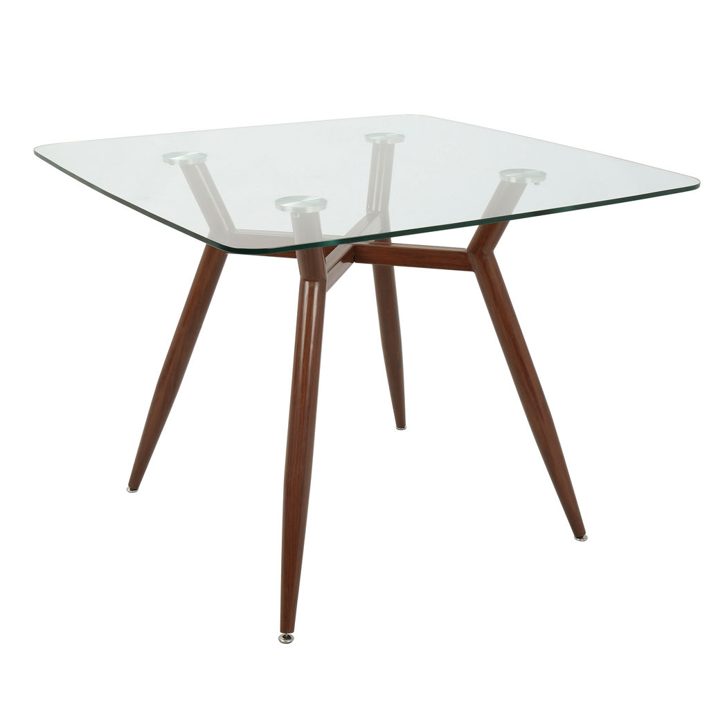 Clara Dining Table, Walnut Metal Legs And Clear Glass Top