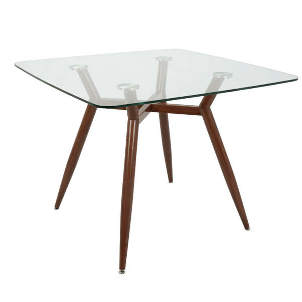 Clara Dining Table, Walnut Metal Legs And Clear Glass Top