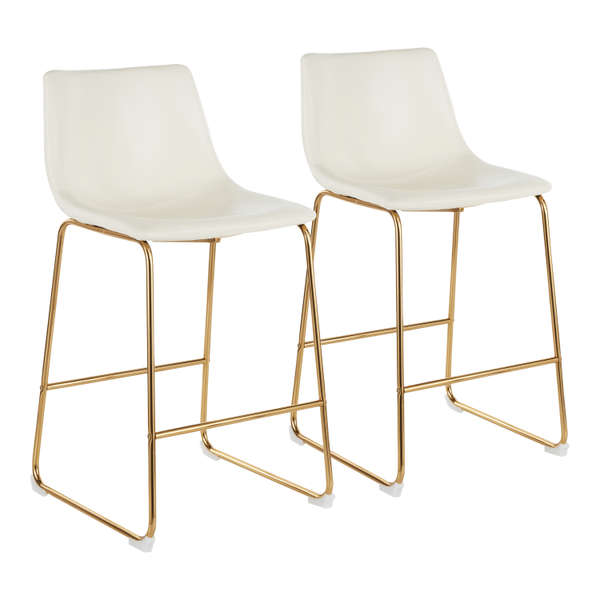 Duke Counter Stool, Set Of 2, Gold Metal And White Faux Leather