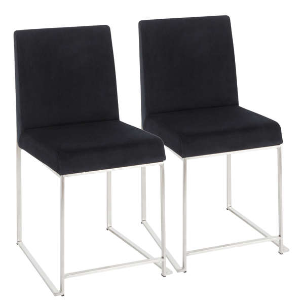 High Back Fuji Dining Chair, Set Of 2, Stainless Steel And Black Velvet