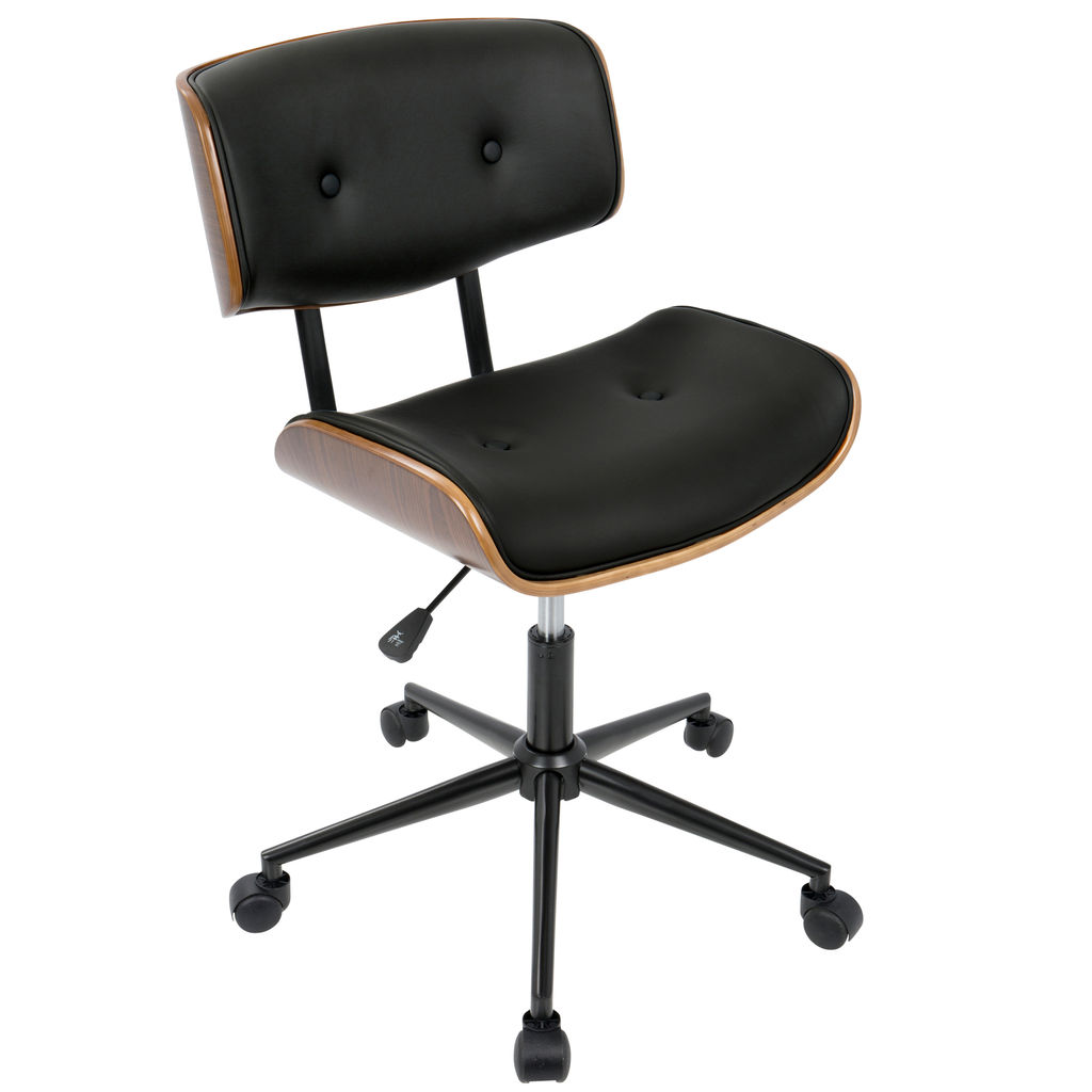 Office Chair, Sculptural Style Black Leather & Walnut Chair With Adjustable Back