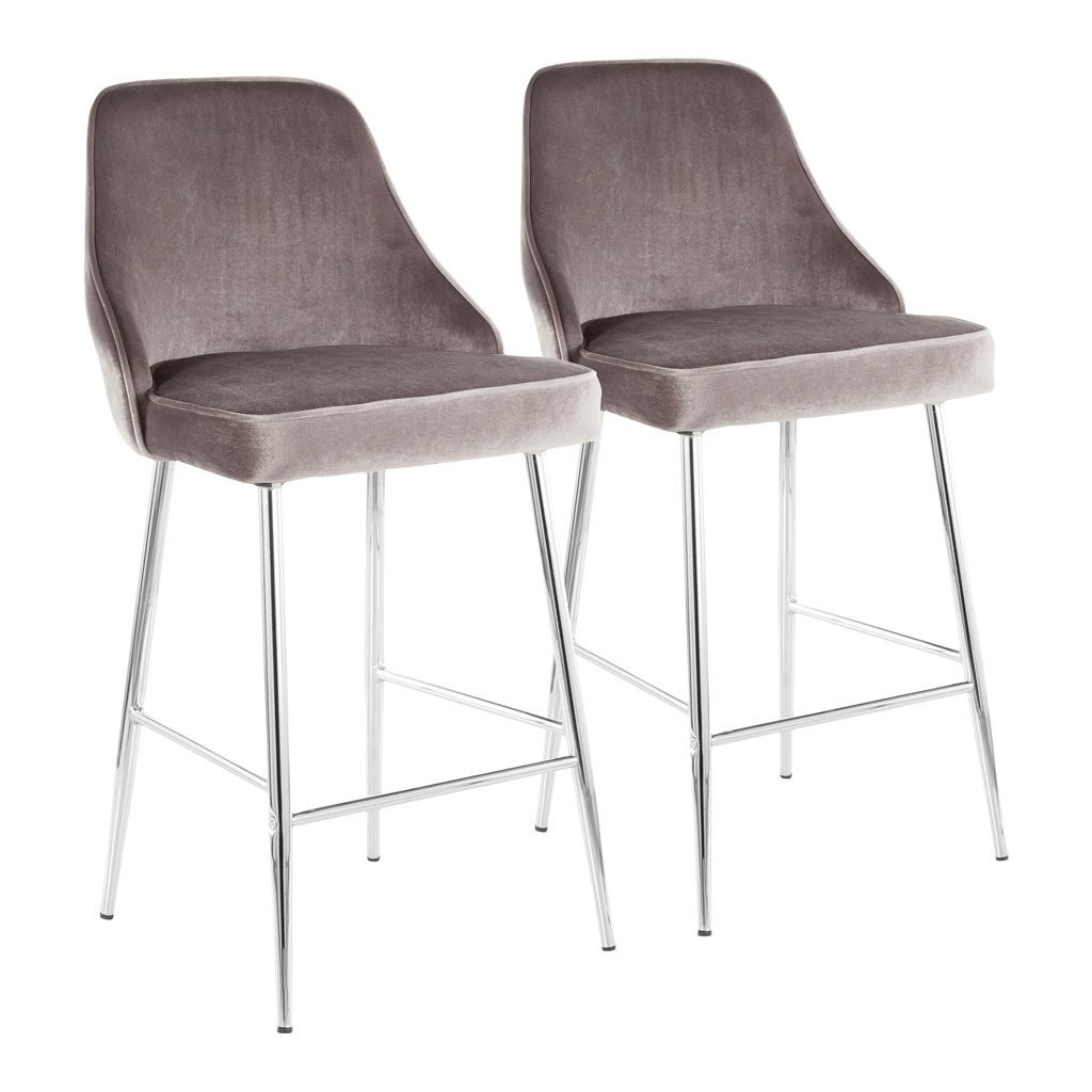 Marcel Counter Stool, Set Of 2, Chrome And Silver Velvet
