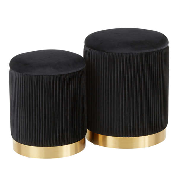Marla Nesting Pleated Ottoman Set, Gold Metal And Black Velvet