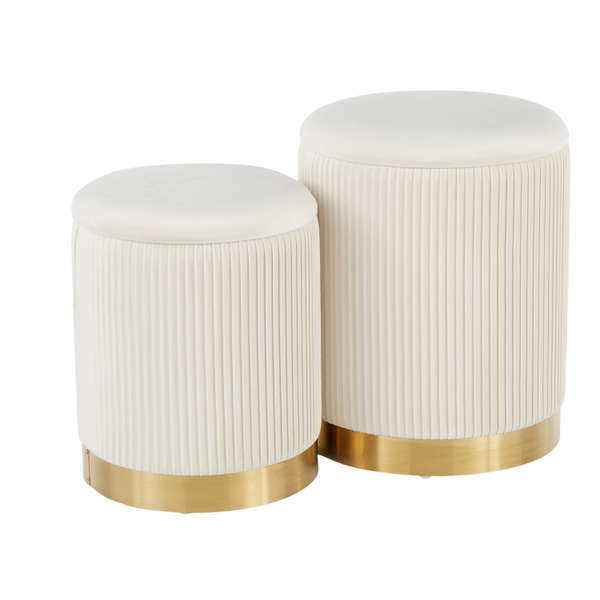 Marla Nesting Pleated Ottoman Set, Gold Metal And Cream Velvet