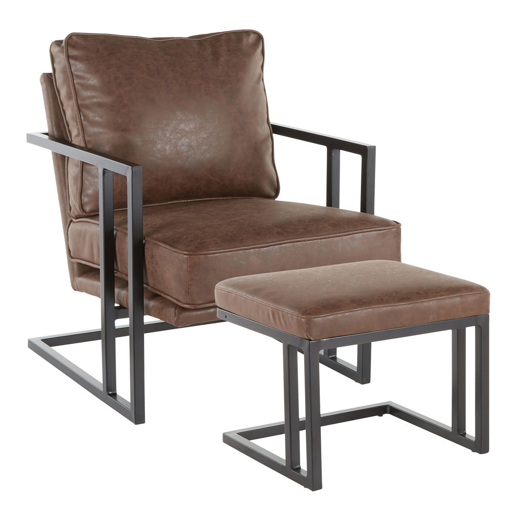 Roman Lounge Chair And Ottoman, Black Metal And Espresso Faux Leather