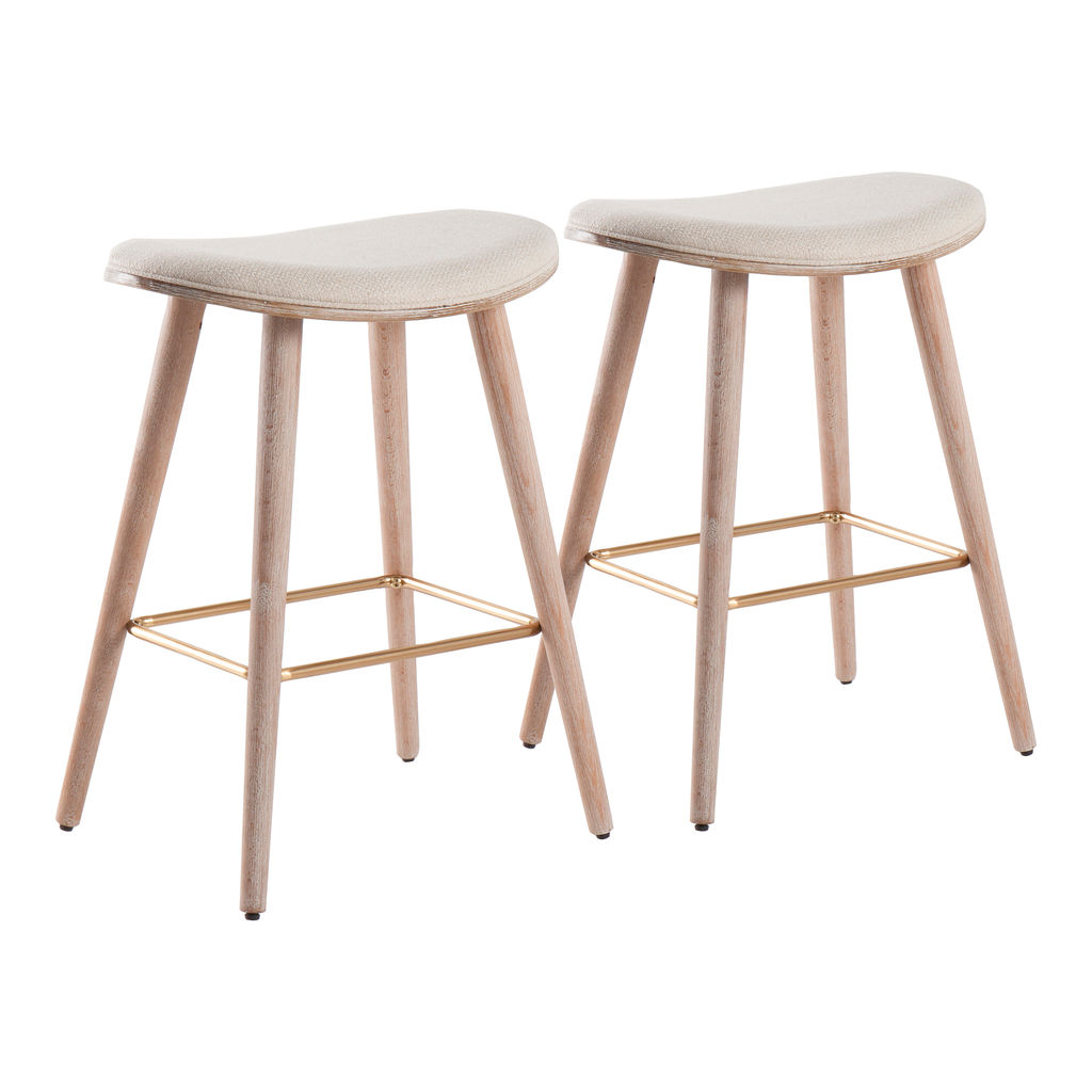 Preview image for Saddle Counter Stool, Set Of 2, White Washed Wood And Cream Fabric With Gold Metal