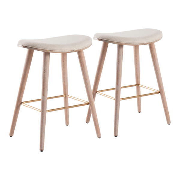 Saddle Counter Stool, Set Of 2, White Washed Wood And Cream Fabric With Gold Metal