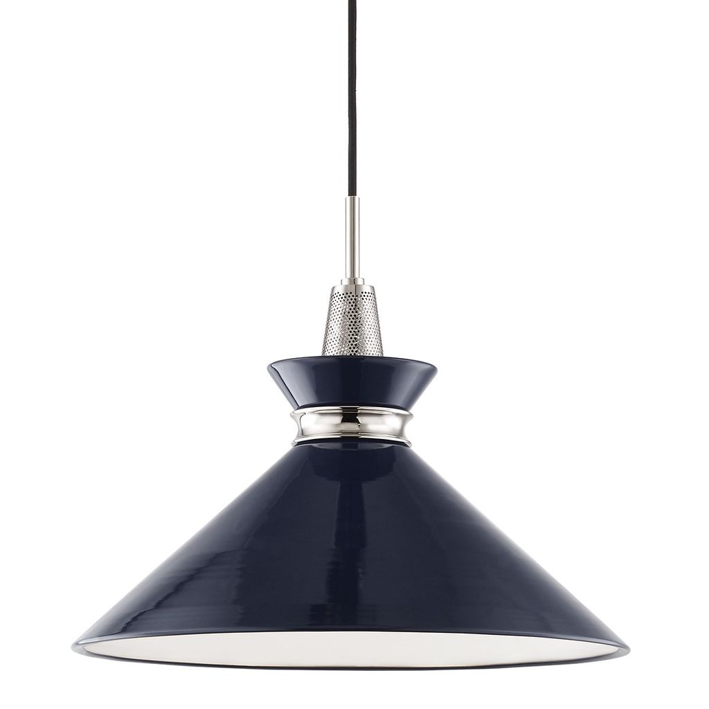1 Light Large Pendant, Polished Nickel And Navy, 15.25"
