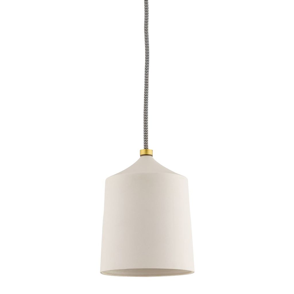 Pendant, Simple. Modern Style in Aged Brass, Matte White Ceramic, 7.5"