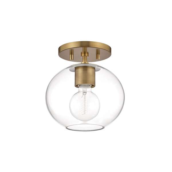Polly 1 Light Semi Flush, Aged Brass And Clear, 8.25" X 8.5"