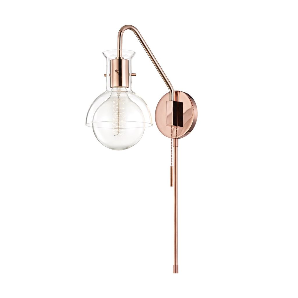 1 Light Wall Sconce With Plug, Polished Copper And Clear, 24"