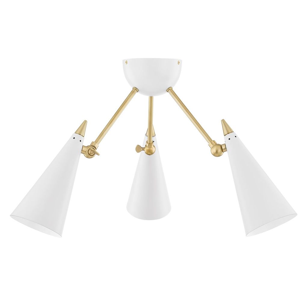 3 Light Semi Flush, Aged Brass And Soft White, 13.5"