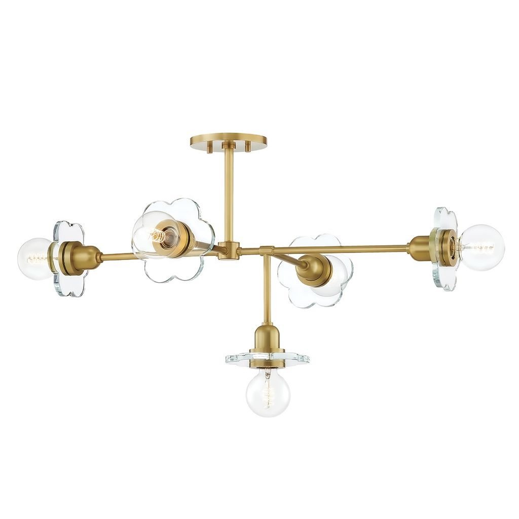 5 Light Chandelier, Aged Brass, 15"