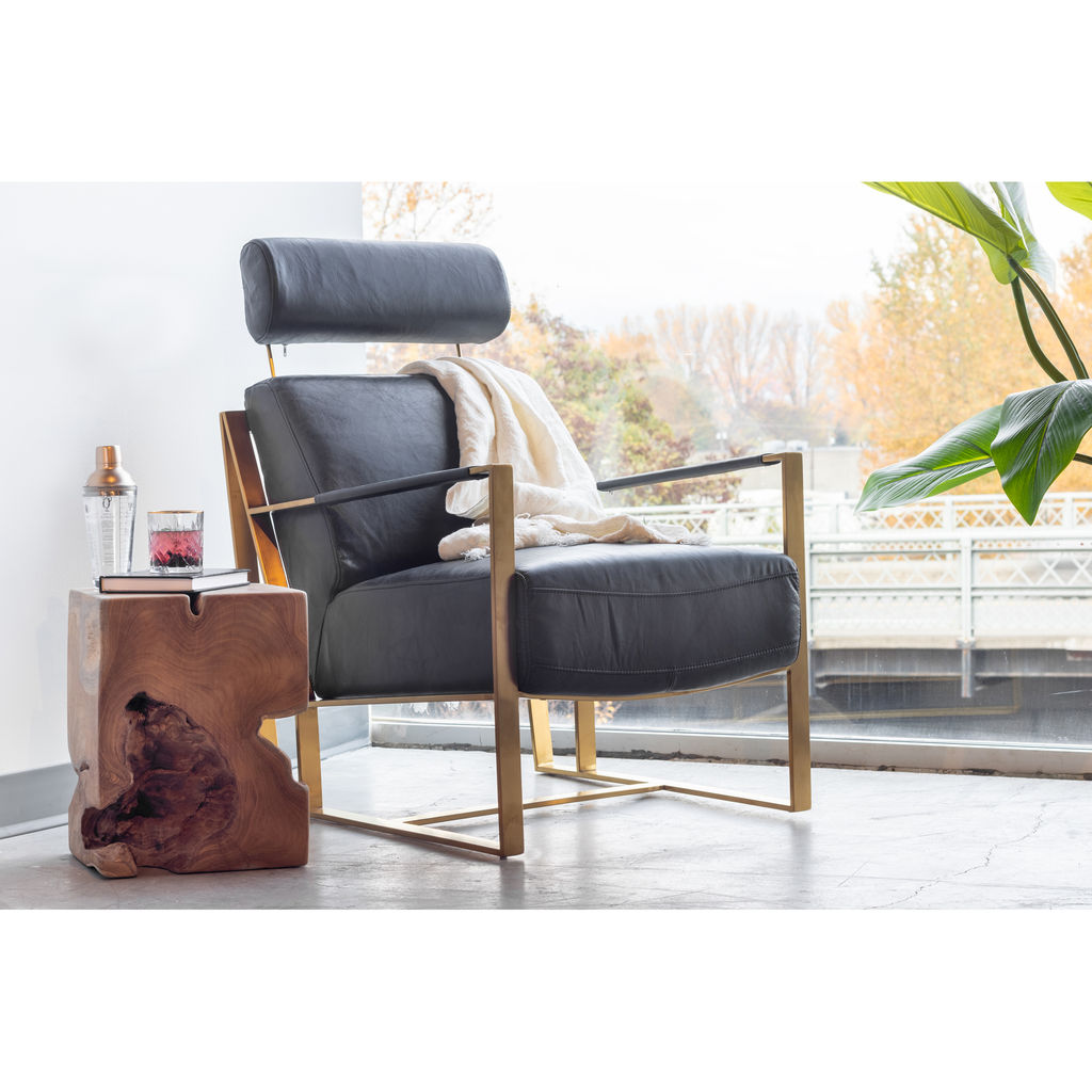 Chair Top-Grain Black Leather, Stainless Steel Gold finished Frame, High Density Foam