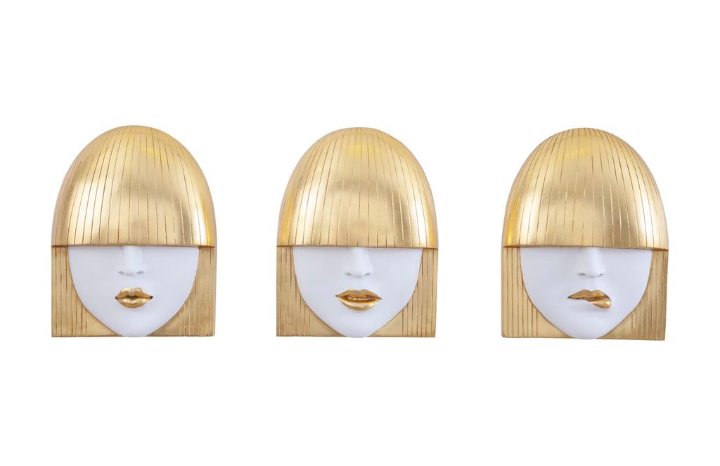 Preview image for Fashion Faces Wall Art, Small, White And Gold Leaf, Set Of 3