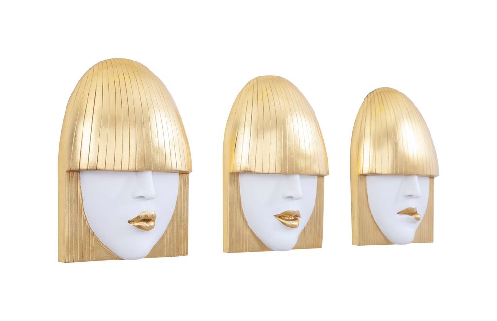 Fashion Faces Wall Art, Small, White And Gold Leaf, Set Of 3
