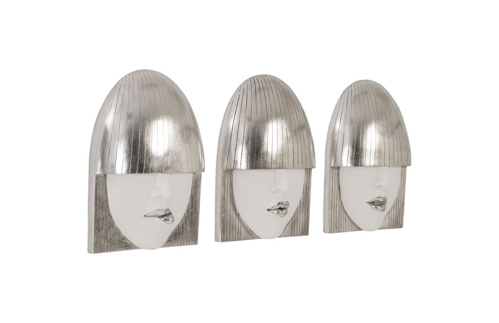 Fashion Faces Wall Art, Small, White And Silver Leaf, Set Of 3