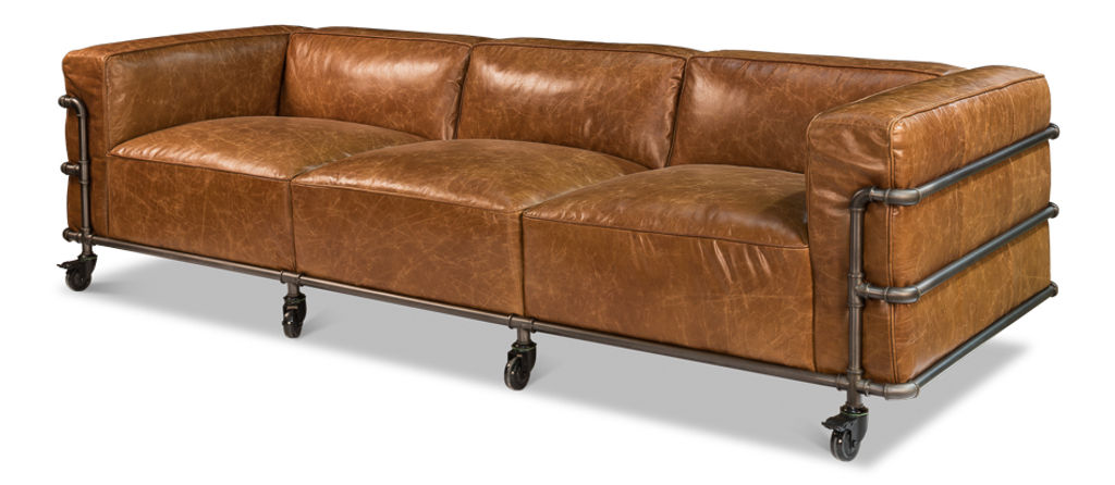 Preview image for Brown Leather Sofa + Iron Frame 102"