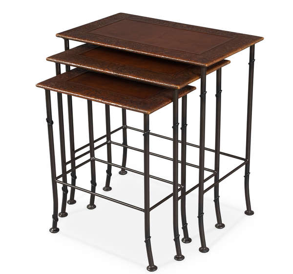 Nesting Tables Brown Embossed Leather Top + Iron Base (Set of 3)
