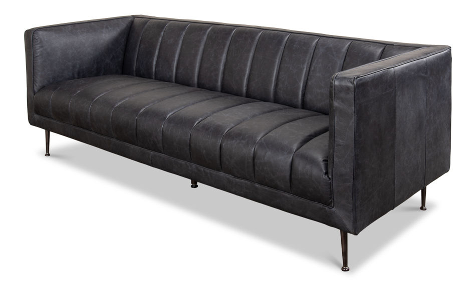 Preview image for Gray Leather Channel Tufted Sofa 83"