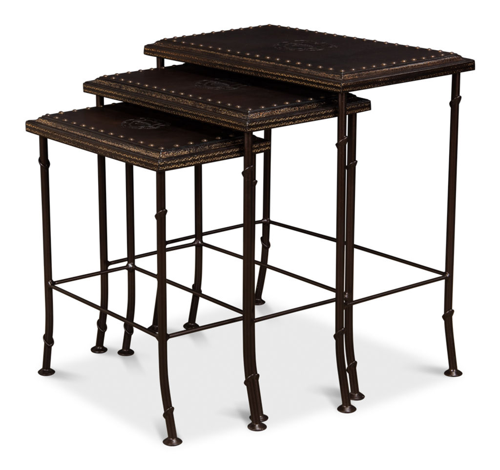 Nesting Tables Brown Embossed Crest Leather Top + Iron Base (Set of 3)