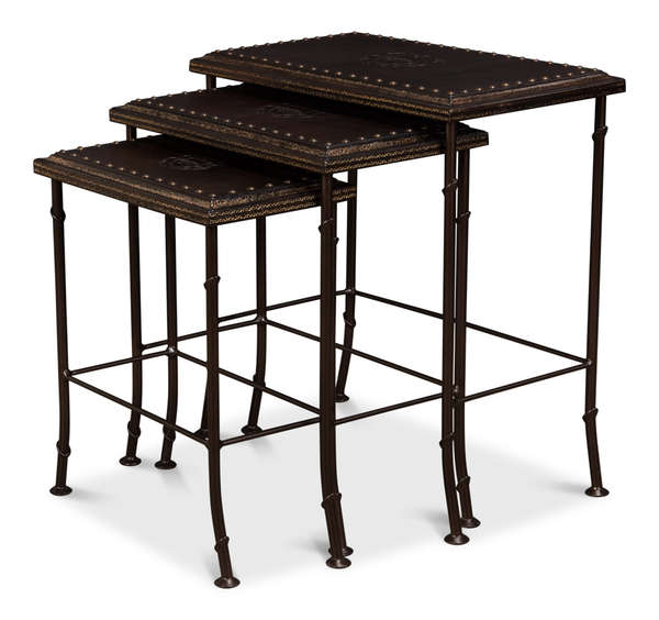 Nesting Tables Brown Embossed Crest Leather Top + Iron Base (Set of 3)