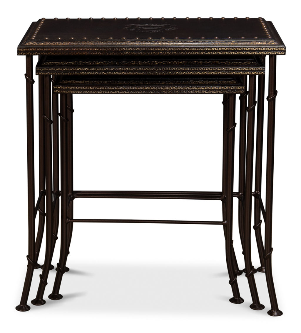 Nesting Tables Brown Embossed Crest Leather Top + Iron Base (Set of 3)