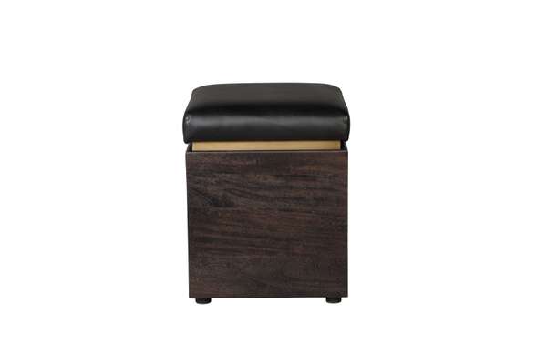 16"w Dark Wood, Black Leather & Brass Banding Ottoman