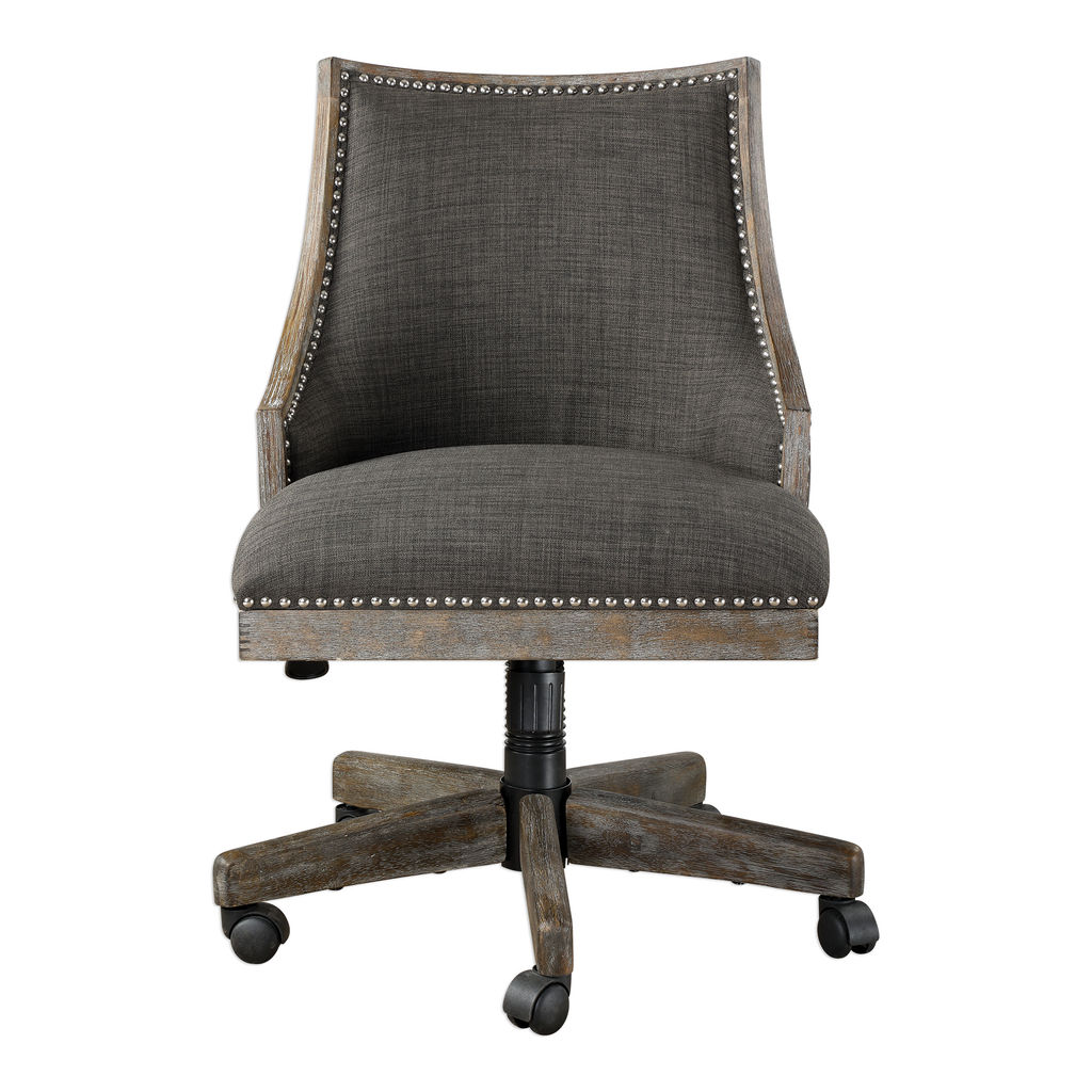Desk Chair Charcoal Gray Linen + Polished Nickel Nail Head Trim