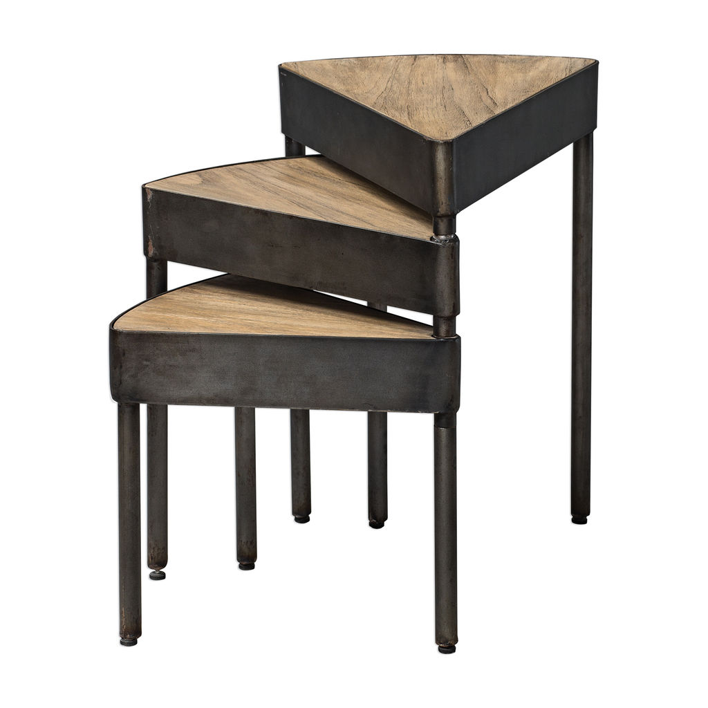 Swivel Nesting Table, Mindi Veneer Tops, Aged Steel Finished legs