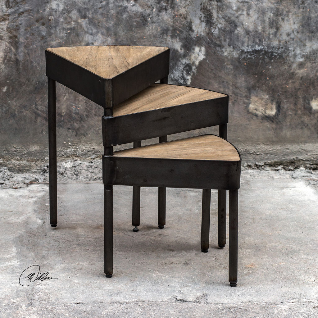 Swivel Nesting Table, Mindi Veneer Tops, Aged Steel Finished legs