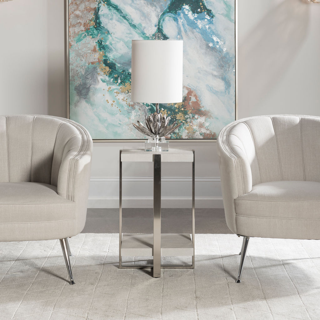Square Accent Table Brushed Silver Finish + White Faux Shagreen Shelves