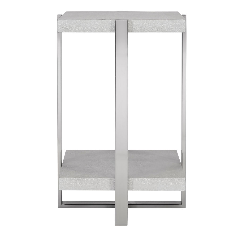 Square Accent Table Brushed Silver Finish + White Faux Shagreen Shelves
