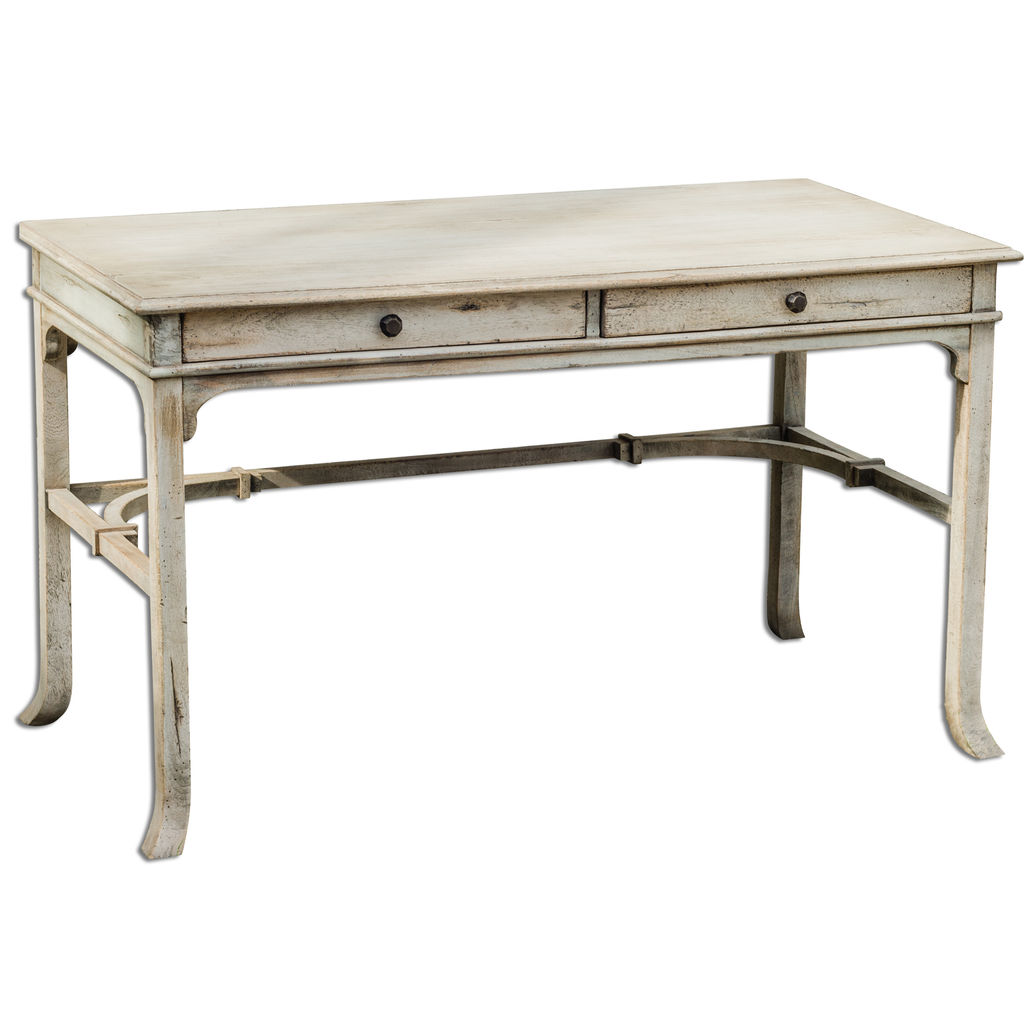 Writing Desk Aged White Finish Antique Brass Drawer Pulls Mango Wood