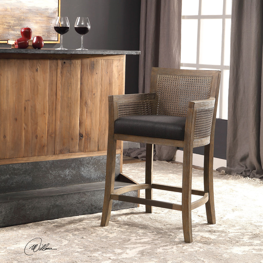 Cane Counter Stool Charcoal Fabric Seat + Warm Wash Sandstone Hardwood Finish