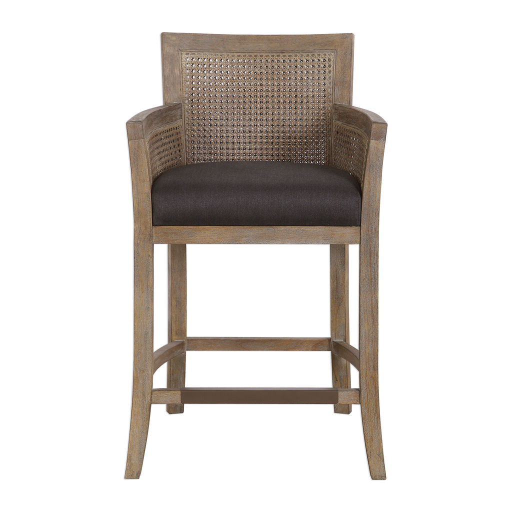 Cane Counter Stool Charcoal Fabric Seat + Warm Wash Sandstone Hardwood Finish