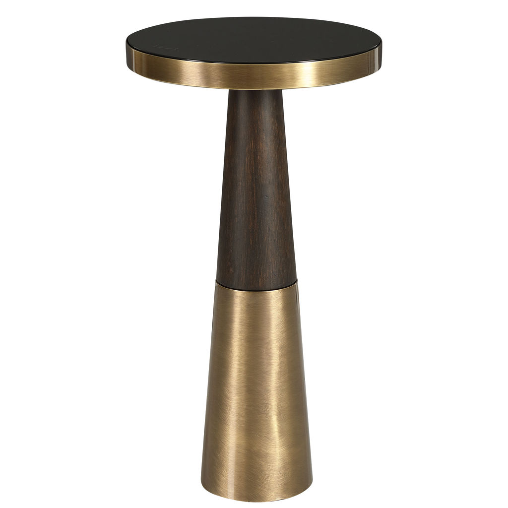 Dark Espresso Wood & Metal Accent Table Black Glass Top + Brushed Brass