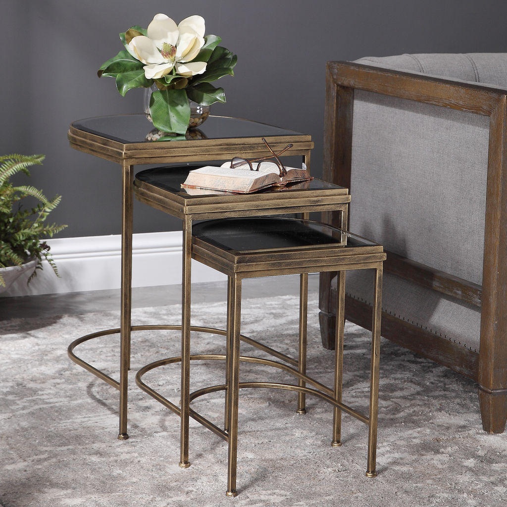 Nesting Tables Beveled Mirror Tops + Antique Brushed Gold Base (Set of 3)