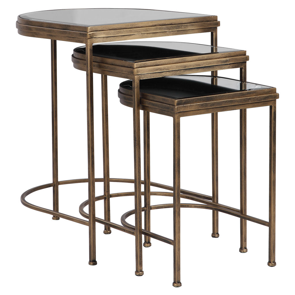Nesting Tables Beveled Mirror Tops + Antique Brushed Gold Base (Set of 3)