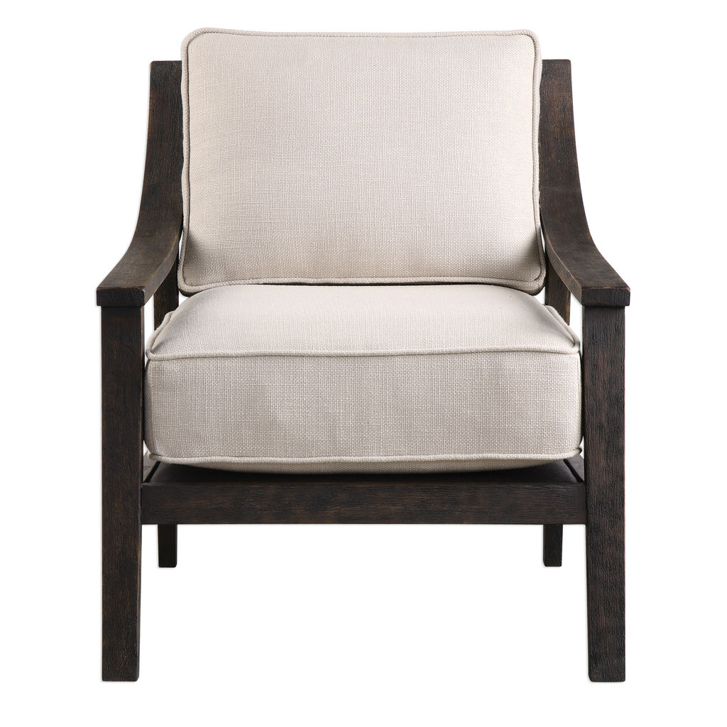 Chair, Curved Rustic Hardwood, Walnut Finish. Linen blend cushions