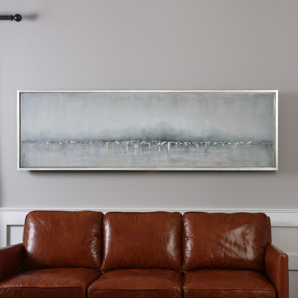 Light Gray Cream & Blue Hand Painted Canvas Framed Abstract Art