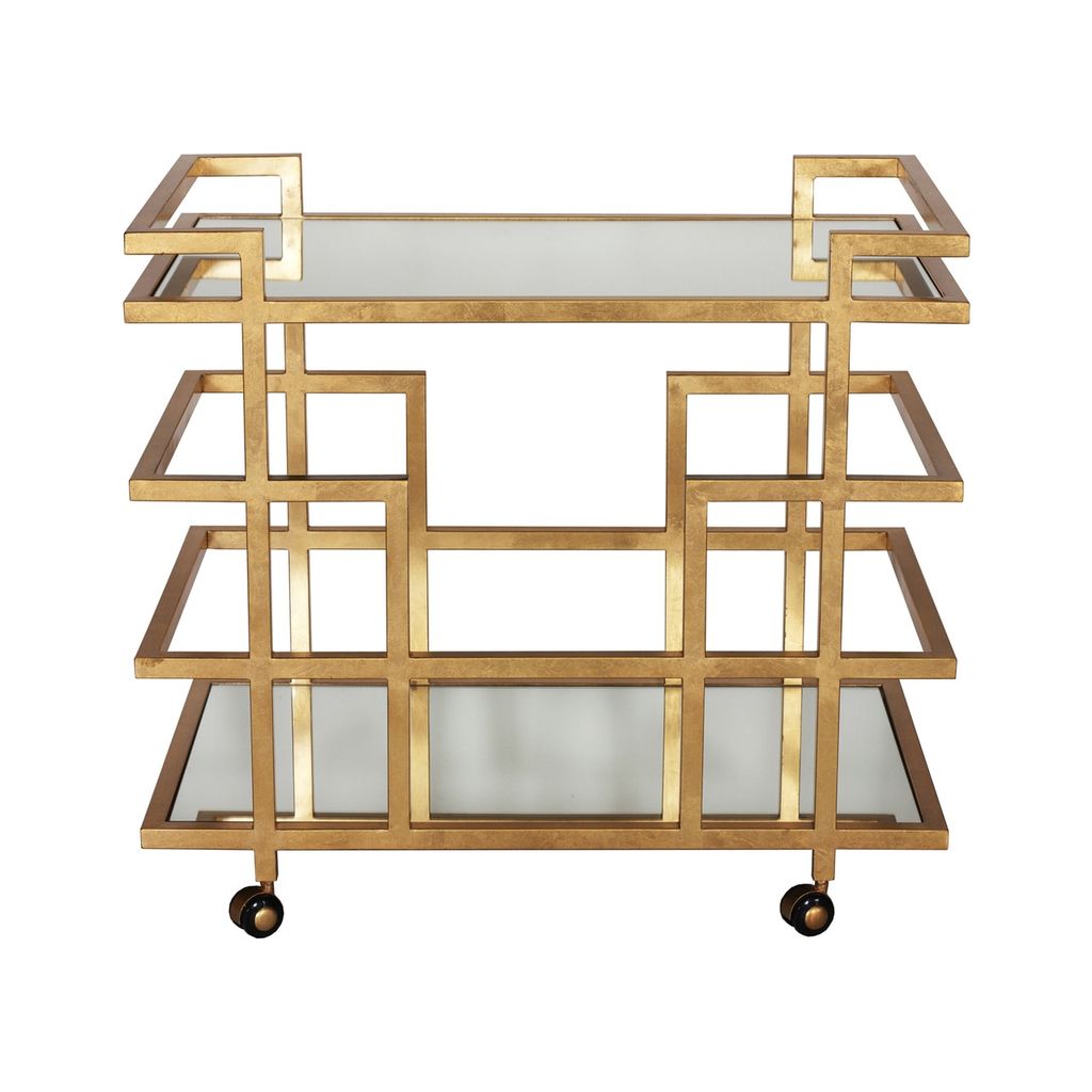 Worlds Away Ireland Gold Leaf Linear Bar Cart with Mirrored Shelves