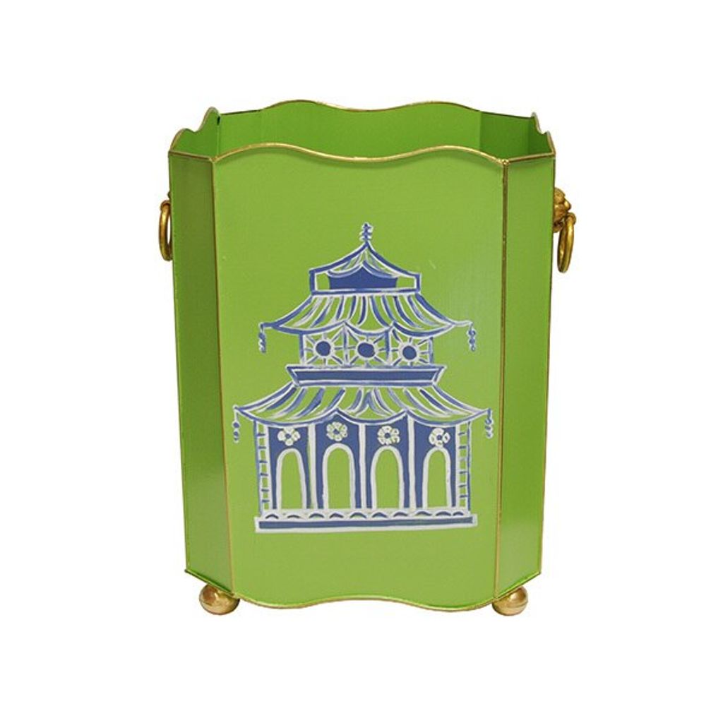 Square Wastebasket With Lion Handles In Green Pagoda